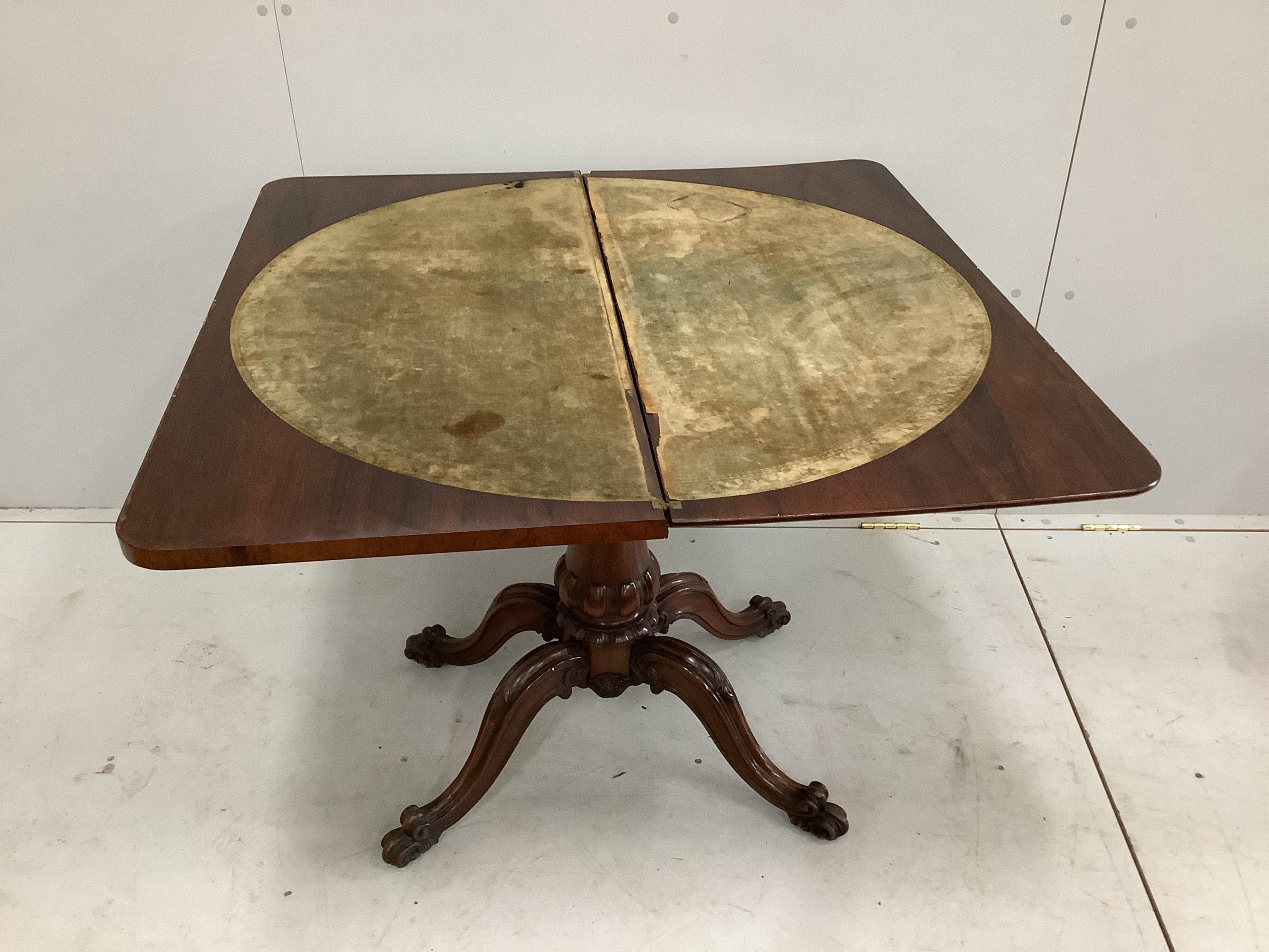 An early Victorian rosewood folding card table, width 92cm, depth 46cm, height 74cm